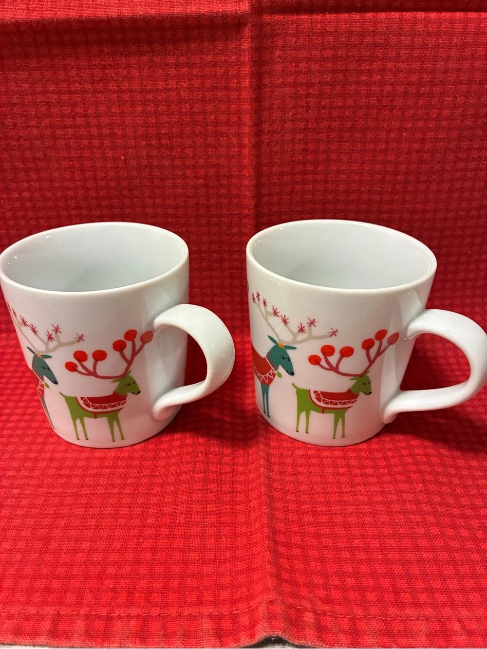 Set of 2 Crate & Barrel Jenny Bowers 2014 Christmas Reindeer & Sleigh Mugs